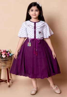 ARUNA CREATIONn Girls Midi/Knee Length Party Dress(White, Purple, Sleeveless)
