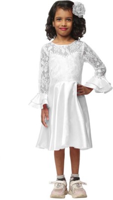 Wish Little Girls Below Knee Party Dress(White, Full Sleeve)