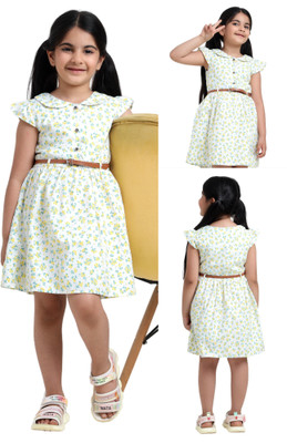 FASHION MINIS Indi Girls Midi/Knee Length Casual Dress(Yellow, Sleeveless)