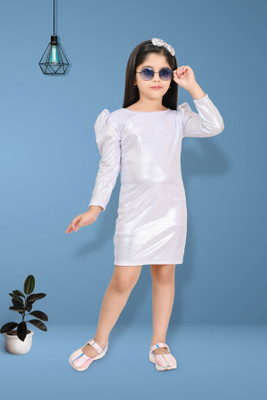 SPAMitude Indi Girls Above Knee Casual Dress(White, Full Sleeve)