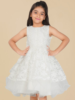 HEREANDNOW Girls Midi/Knee Length Party Dress(White, Sleeveless)