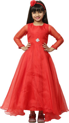 Rumy Fashion Girls Maxi/Full Length Party Dress(Red, 3/4 Sleeve)