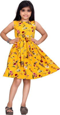 Mayas fashion Indi Baby Girls Above Knee Festive/Wedding Dress(Yellow, Sleeveless)