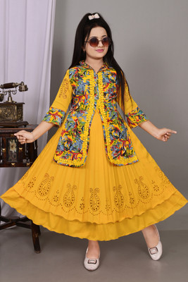 Henadresses Girls Maxi/Full Length Festive/Wedding Dress(Yellow, 3/4 Sleeve)