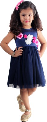 Kidsdew Indi Girls Midi/Knee Length Party Dress(Dark Blue, Sleeveless)