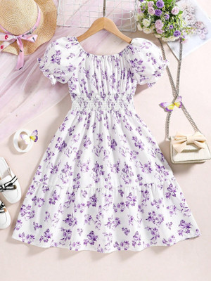 Ethit Indi Girls Calf Length Casual Dress(Purple, Fashion Sleeve)