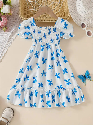 Miss & Chief Girls Midi/Knee Length Casual Dress(Blue, White, Short Sleeve)