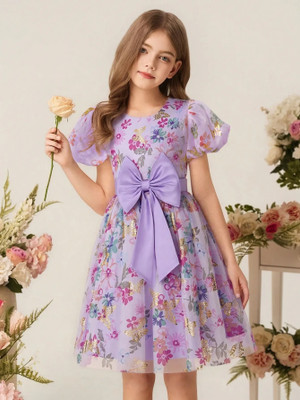 Sisa sales Indi Girls Midi/Knee Length Festive/Wedding Dress(Purple, Short Sleeve)
