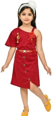 DADDYZ Girls Midi/Knee Length Casual Dress(Red, Half Sleeve)