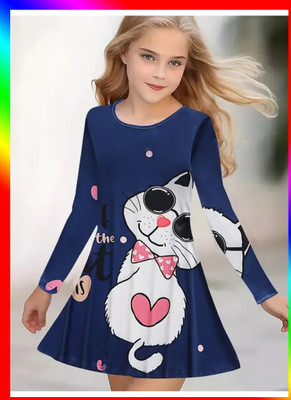 AEE Indi Baby Girls Below Knee Casual Dress(Blue, Half Sleeve)