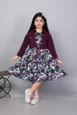 Goushiya Girls Below Knee Festive/Wedding Dress(Purple, Full Sleeve)