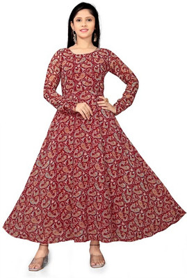 Aarya Designer Girls Maxi/Full Length Casual Dress(Maroon, Full Sleeve)