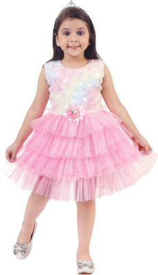 JELLY GARMENTS Girls Midi/Knee Length Festive/Wedding Dress(Pink, Sleeveless)