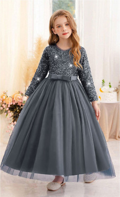 vani enterprise Girls Maxi/Full Length Party Dress(Grey, Full Sleeve)