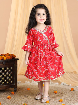 Kinder Kids Indi Girls Midi/Knee Length Casual Dress(Red, 3/4 Sleeve)