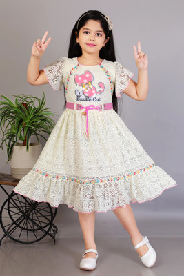 Haji Girls Below Knee Festive/Wedding Dress(White, Short Sleeve)