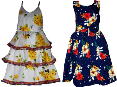 Hunoor Girls Below Knee Casual Dress(Multicolor, Sleeveless)