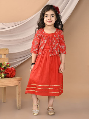 Sangrika Girls Midi/Knee Length Casual Dress(Red, Sleeveless)