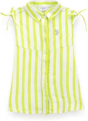 U.S. POLO ASSN. Girls Mini/Short Casual Dress(Green, White, Sleeveless)
