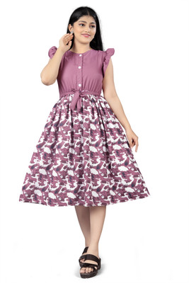 Njushxa Indi Girls Midi/Knee Length Festive/Wedding Dress(Purple, Short Sleeve)