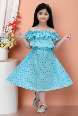 Bhimshankar Fashion Shop Girls Below Knee Party Dress(Light Blue, Fashion Sleeve)
