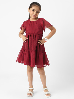 NautiNati Indi Girls Midi/Knee Length Casual Dress(Maroon, Short Sleeve)