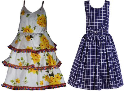 HEAVENS CREATIONS Girls Below Knee Casual Dress(Multicolor, Sleeveless)