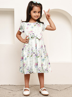 Jakanary Indi Girls Midi/Knee Length Casual Dress(Light Green, Short Sleeve)