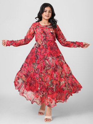 Aarya Designer Girls Maxi/Full Length Casual Dress(Red, Full Sleeve)