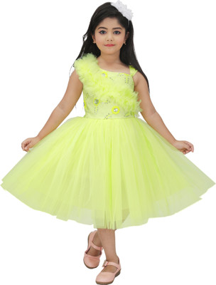 PN fashion Girls Below Knee Festive/Wedding Dress(Yellow, Sleeveless)