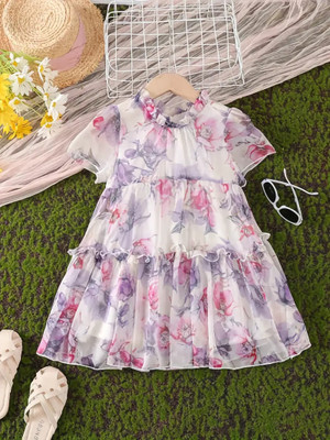 Miss & Chief Girls Midi/Knee Length Party Dress(White, Short Sleeve)