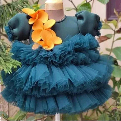 SK G AND J Baby Girls Midi/Knee Length Party Dress(Blue, Short Sleeve)