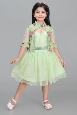 ST Fashion Indi Girls Midi/Knee Length Party Dress(Green, 3/4 Sleeve)