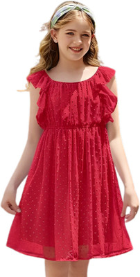 HouseOfCommon Girls Midi/Knee Length Festive/Wedding Dress(Red, Sleeveless)