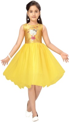 MUHURATAM Indi Girls Midi/Knee Length Party Dress(Yellow, Sleeveless)