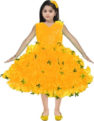 JhilikGarments Girls Midi/Knee Length Festive/Wedding Dress(Yellow, Sleeveless)
