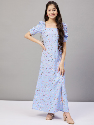 Stylo Bug Girls Maxi/Full Length Casual Dress(Blue, Half Sleeve)
