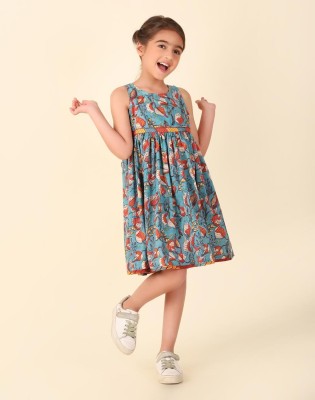 Fabindia Girls Midi/Knee Length Casual Dress(Blue, Sleeveless)