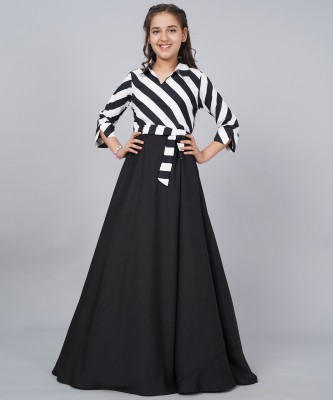 Aarya Designer Girls Maxi/Full Length Party Dress(Black, 3/4 Sleeve)