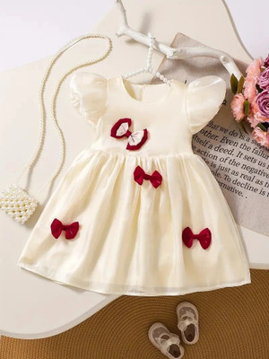 CARTIKKAAY Indi Girls Midi/Knee Length Party Dress(White, Short Sleeve)