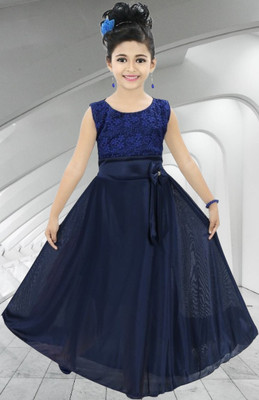 KidsCute Girls Maxi/Full Length Casual Dress(Blue, Sleeveless)