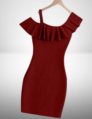 Crispin Girls Mini/Short Casual Dress(Maroon, Fashion Sleeve)