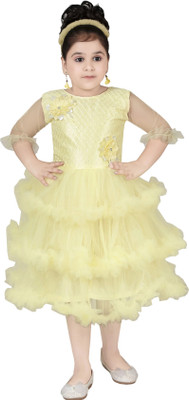 TrendyCreations Baby Girls Below Knee Festive/Wedding Dress(Yellow, 3/4 Sleeve)