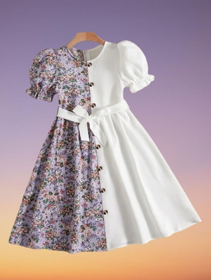 AROPYA Indi Girls Maxi/Full Length Casual Dress(White, Half Sleeve)