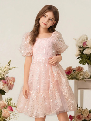 RADHE ENTERPRISE Girls Midi/Knee Length Party Dress(Pink, Short Sleeve)