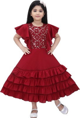 Samshil Fashion Girls Maxi/Full Length Party Dress(Red, Fashion Sleeve)