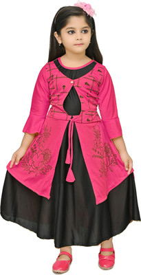 CHANDRIKA LIFESTYLE Girls Calf Length Party Dress(Pink, 3/4 Sleeve)