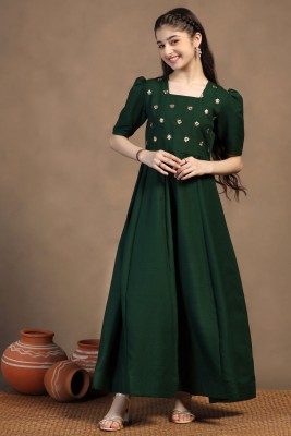 Fashion Dream Girls Maxi/Full Length Festive/Wedding Dress(Dark Green, Half Sleeve)