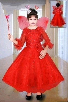 R K Fashion Girls Maxi/Full Length Party Dress(Red, 3/4 Sleeve)