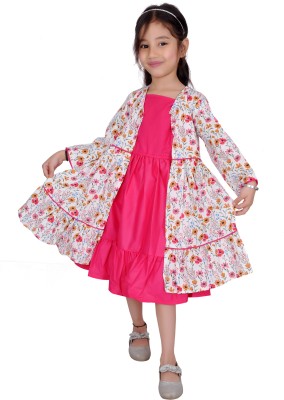 Keenuu Indi Girls Midi/Knee Length Casual Dress(Pink, 3/4 Sleeve)